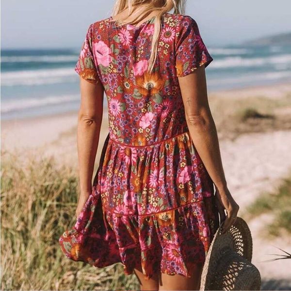 

new bohemian red daisy floral print boho dress v-neck button short sleeve summer dresses loose chic women casual mini dress