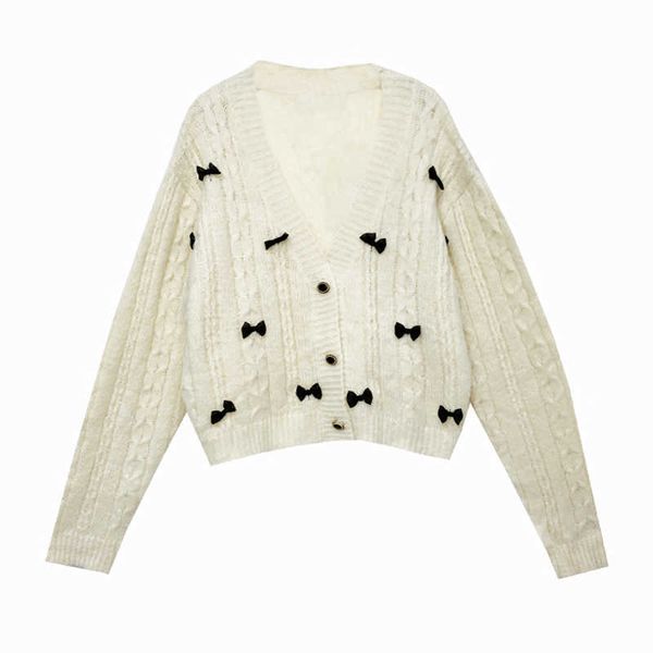 

perhaps u women sweater knitted long sleeve white gray thin cardigans v neck autumn bow loose m0286 210529