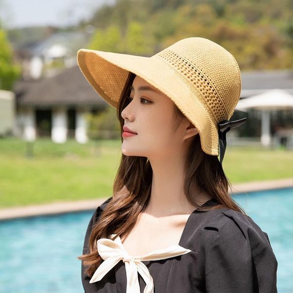

wide brim hats summer bowknot sun women beach uv protction empty hat hand made straw casual ribbon knit visor caps female, Blue;gray