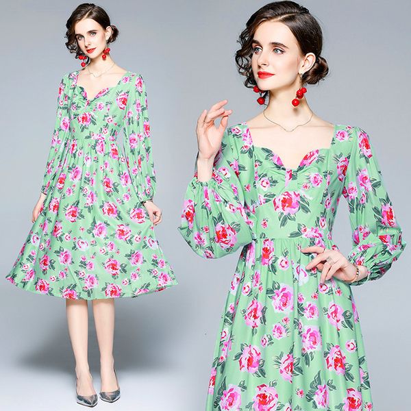 

court style large swing skirt autumn bubble sleeve printed dress celebrity bow medium length, Black;gray