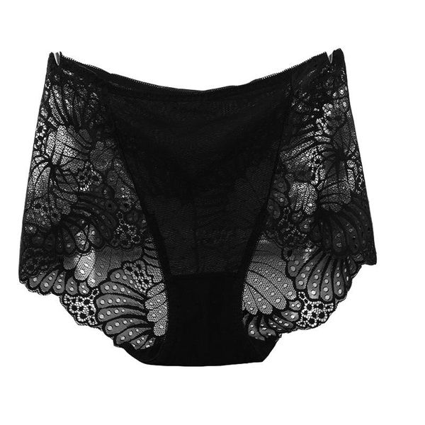 

women's panties plus fat size transparent ladies lace feather fan pattern covered hip mesh, Black;pink