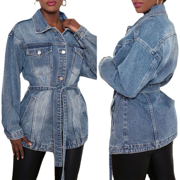 

women's vests female denim jacket turn-down collar long sleeve coat with pockets and waist belt for spring fall blue s/m//xl/xxl/xxxl, Black;white