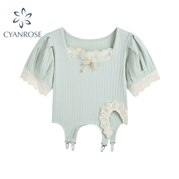 

square collar short sleeve crop women summer korean fashion patchwork lace slim lady green knitted pullovers 210918, White;black