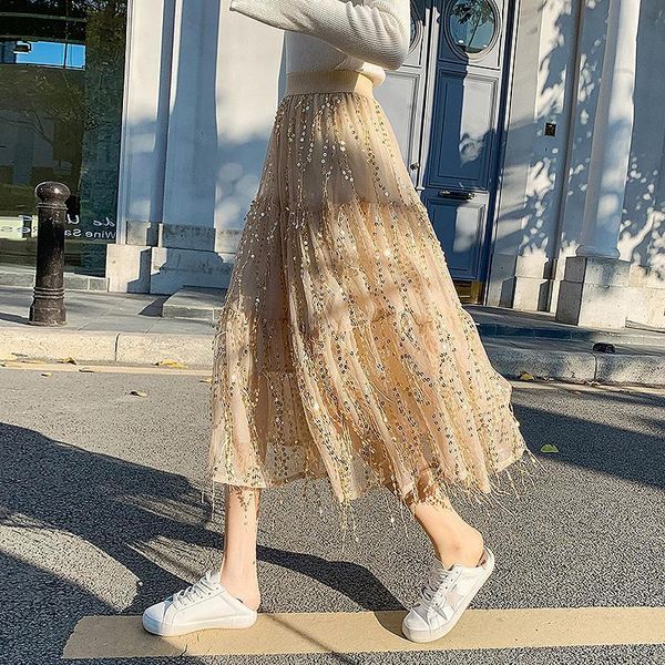 

women 2021 spring autumn fashion elastic high waist sequin tassel all-match mesh skirt female casual a-line skirts faldas b962, Black