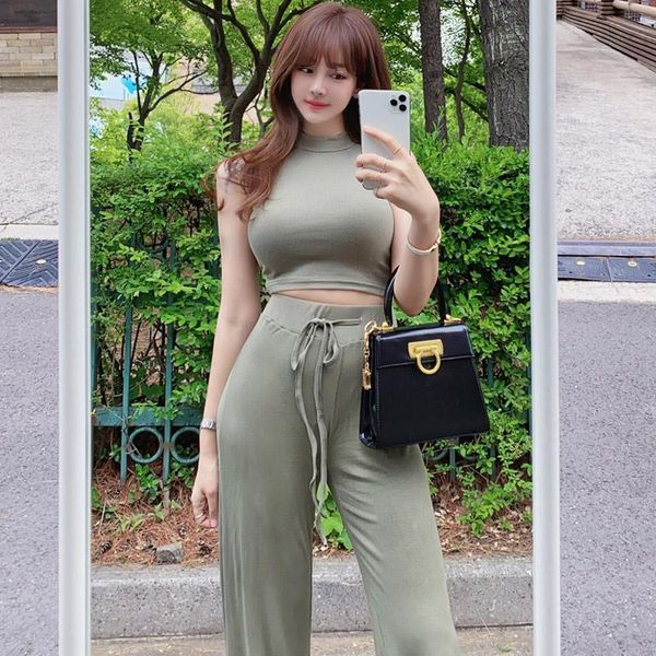 

knitted 2 piece set suit for women summer korea sleeveless and long pants cotton club ladies party suit, Gray
