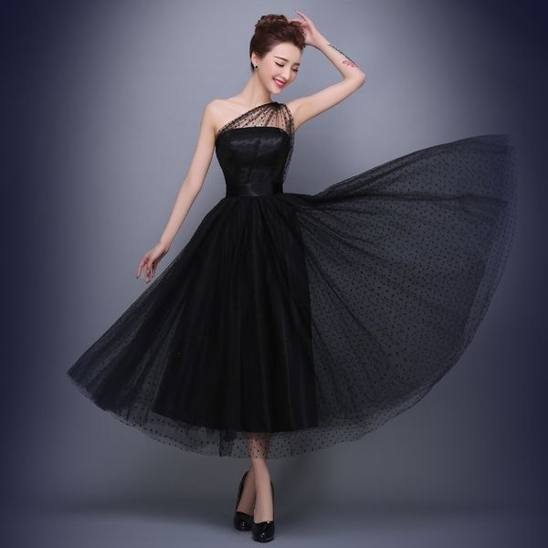 

2021 new black prom es one shoulder pleats polka dot tulle tea length party evening gowns vestido de festa 6yy3, White;pink