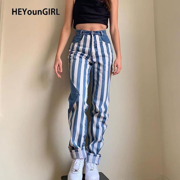 

heyoungirl skinny striped vintage blue jeans women casual patchwork high waist denim pants capris fashion pocket long trousers, Black;white
