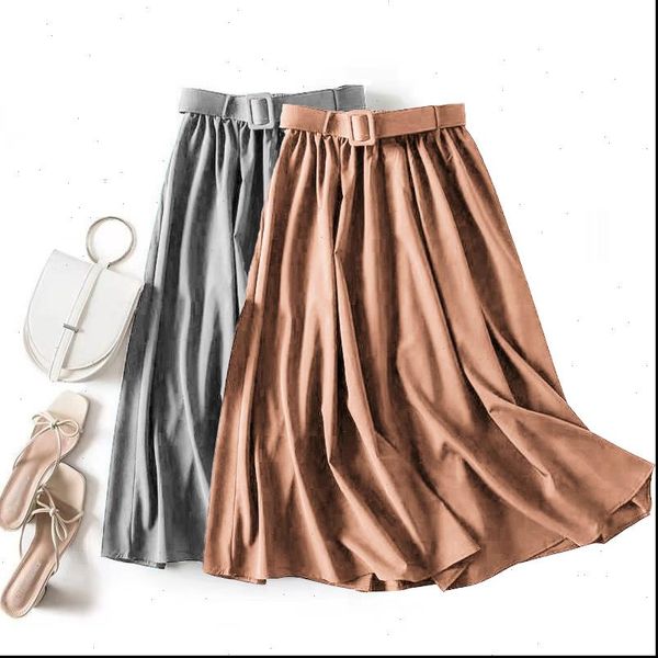 

summer women skirt with belt 2021 summer classic a word thin solid color skirt high waist retro loose mid length skirt, Black