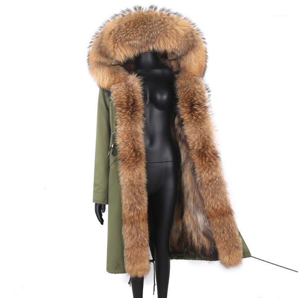 

women's fur & faux 2021 x-long parka waterproof real coat winter jacket raccoon liner women natural outerwear detachable, Black