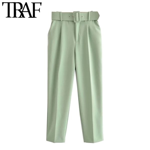 

traf women chic fashion high waist with belt pants vintage zipper fly pockets office wear female ankle trousers mujer 211124, Black;white
