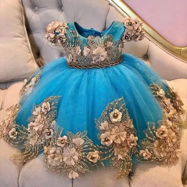 Abiti da bambina blu con fiore a maniche corte Perle Principessa Abito da prima comunione per bambini Lunghezza al ginocchio Abito da battesimo per bambino 2022 CG001