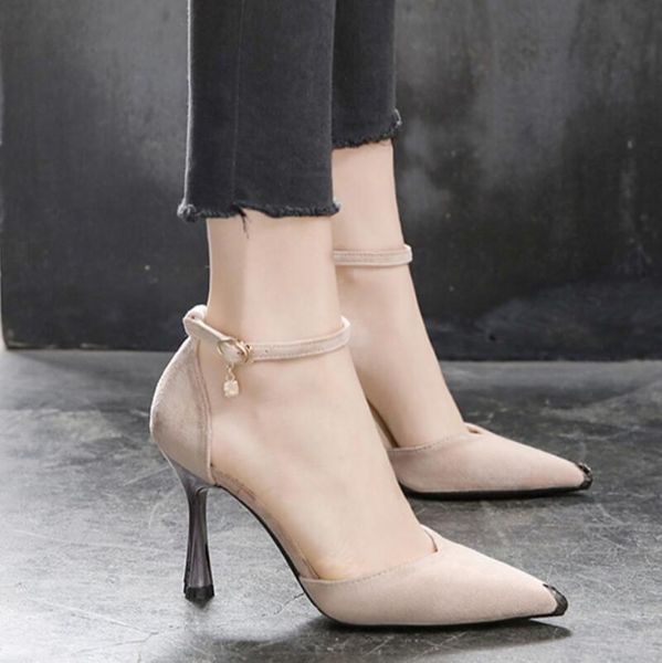 

dress shoes fat and wide-footed black sandals for women's baotou banquet pointed 7 cm with suede high heels v-mouth single n76