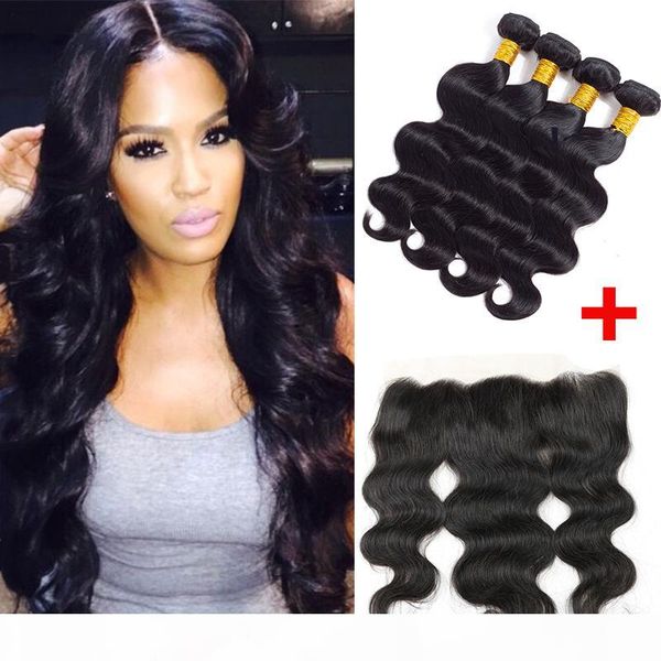 

brazilian lace frontal closure with body wave virgin hair weave bundles 13x4 lace frontal closure remy human hair wefts with weaves closure, Black