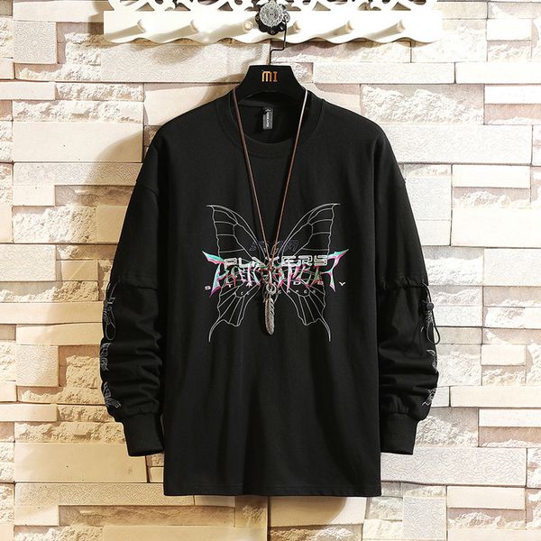 

long sleeves men's print white black patchwork tshirts spring autumn clothes hip hop tees kg-827