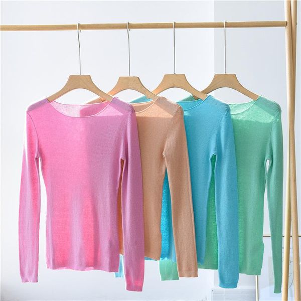 

2021 spring leisure all-match long-sleeved round neck thin knit pullover slim solid color sweater women, White;black