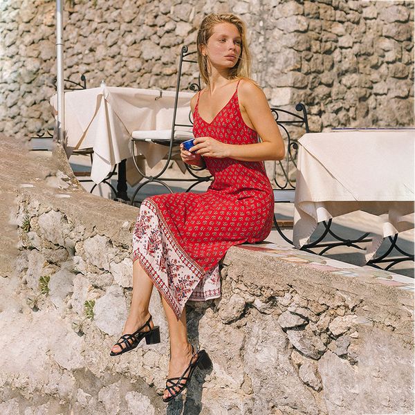 

spring summer new 2021 ladies bohemian print hem stitching split straight sling women v neck spaghetti strap es 1rcv, Black;gray