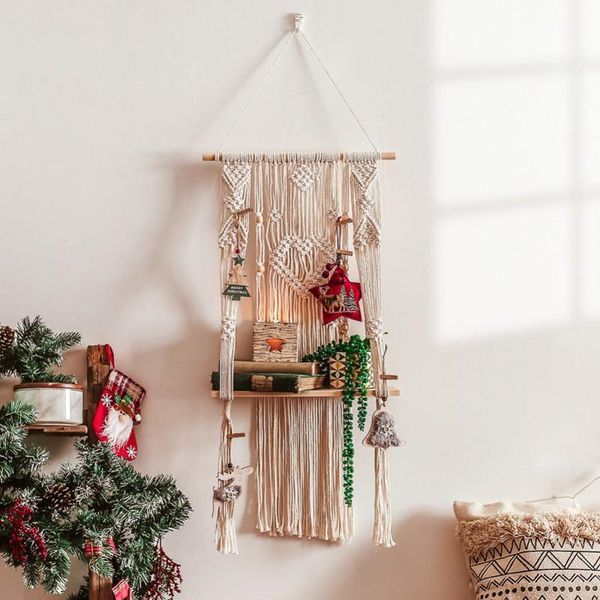

hand-woven cotton string tapestry shelf bohemian style home living room and bedroom wall storage hanging decoration