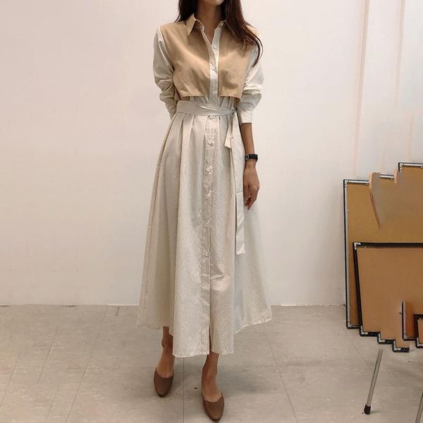 

casual dresses [ewq] 2021 summer robe lapel loose single breasted lace up waist maxi stripe fake two piece shirt dress women 5c242, Black;gray