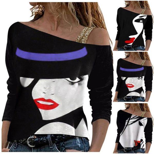 

women's blouses & shirts ladies t-shirt casual loose t-shirts color personality print round neck off shoulder long sleeve retro sling, White
