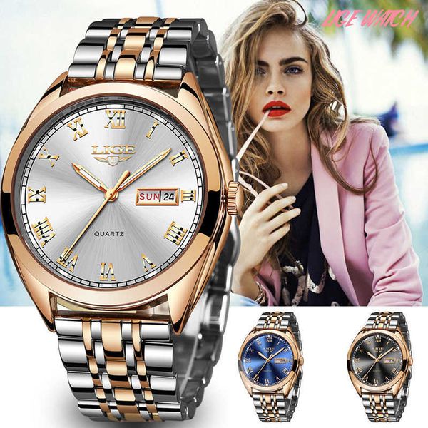 

lige fashion women watches ladies brand luxury waterproof gold quartz watch stainless steel date wear gift clock 210616, Slivery;brown
