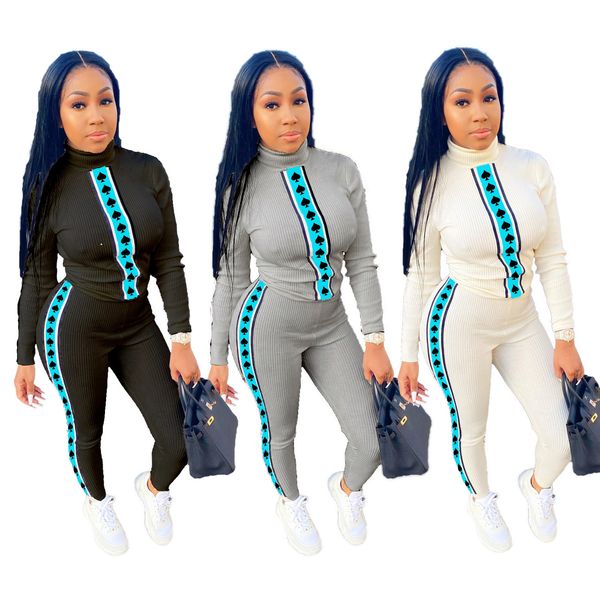 

2021 new spades poker q digital printing turtleneck & trousers women casual suit autumn european and american fashion two piece set dpm6, Gray