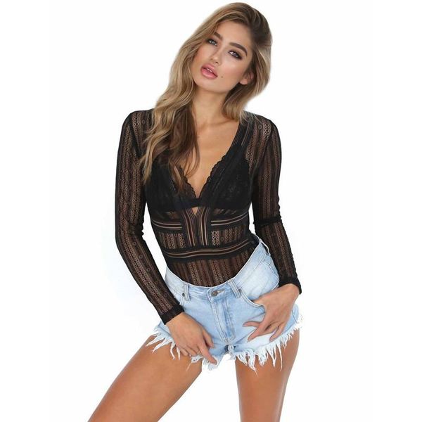 

women's jumpsuits & rompers deep v-neck lace women long sleeve hallow out good quality bodysuits backless body suit womens, Black;white