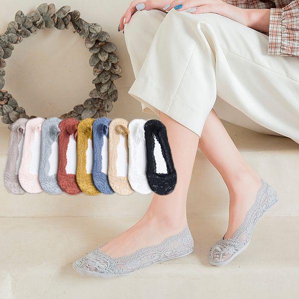 

spring and summer lace sile non slip women's light invisible socks, Black;white