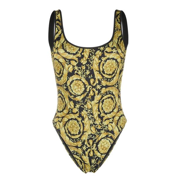 

2021 beachwear monokini summer new golden floral print one piece swimwear bodysuit women backless swimsuit bathing suit