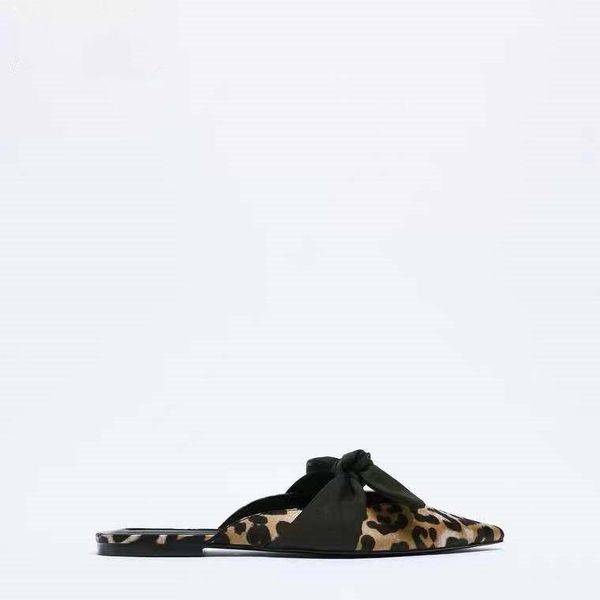 

slippers shoes women flat pantofle low butterfly-knot pointed toe female mule slides soft 2021 leopard mules cover basic pu but, Black
