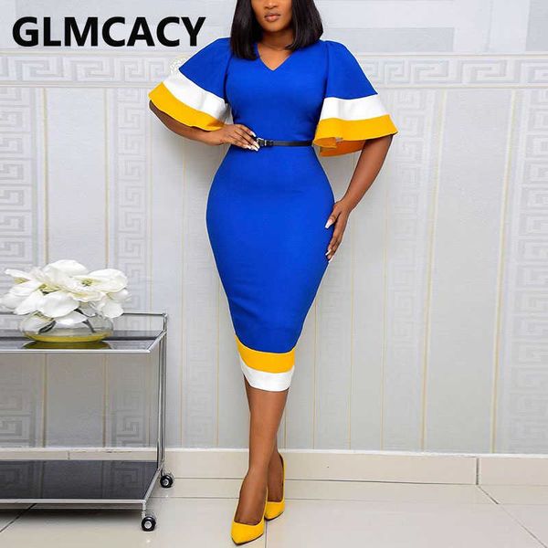 Mulheres Manga Curta Elegante Bodycon Dress Elegante Escritório Ladies Work Midi Vestido 210702