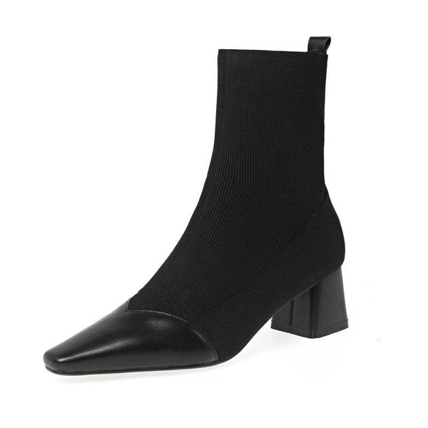 

boots 2021 female genuine leather stretch fabric high heels warm women ankle dancing shoes woman, Black