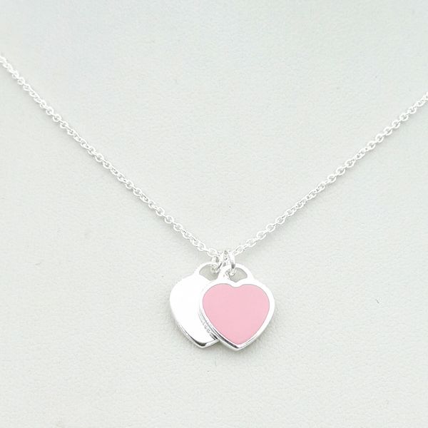 

2021 new 1: 1 sterling 925 classic fashion pink enamel sier heart-shaped double heart charm ladies necklace idm2, Silver