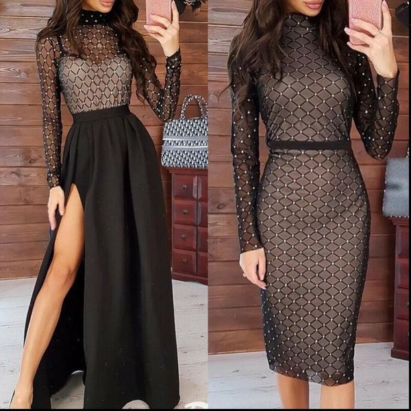 

women fashion bodycon mesh long sleeve drilling dress 2021 spring ladies evening party club turtleneck slit short midi dress, Black;gray