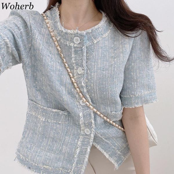 

women's jackets woherb tweed korean vintage women coat summer short sleeve o-neck single breasted pockets ladies fashion jacket femme, Black;brown