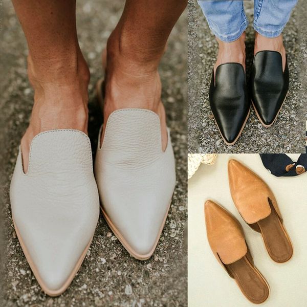 

coarse heel half slippers for women summer wear patent leather pointed toe sandals flat retro women's sandals spot, Black