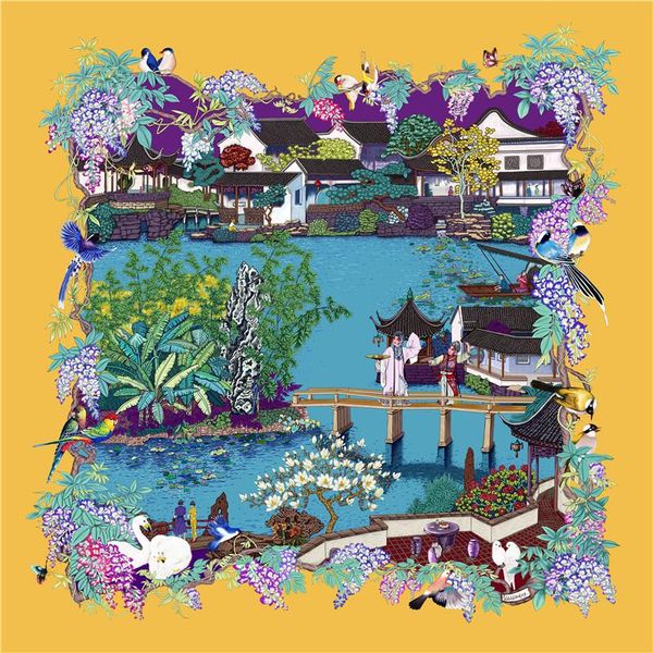 

scarves natural silk women scarf purple yellow printed flowers luxury 100% wrap shawl square 90cm bandana lady gift, Blue;gray