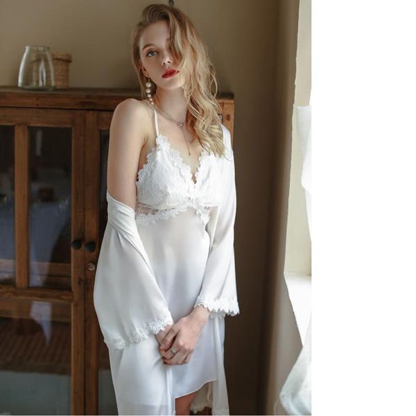 

women's sleepwear women lace kimono robe sets 2pcs rayon bride dressing bathrobe gown sling nightdress nightgown spring xxl loose home, Black;red