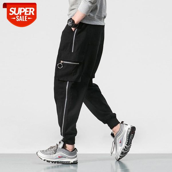 

new streetwear fashion casual zipper safari style men's joggers pants side-pockets cotton male harem trousers black #gt6i