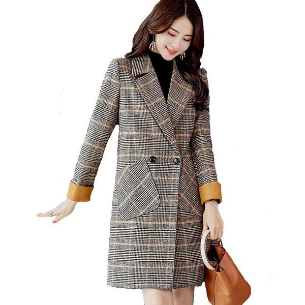 

women's trench coats plaid ladies coat fashion lapel windproof autumn winter long retro women windbreaker for, Tan;black