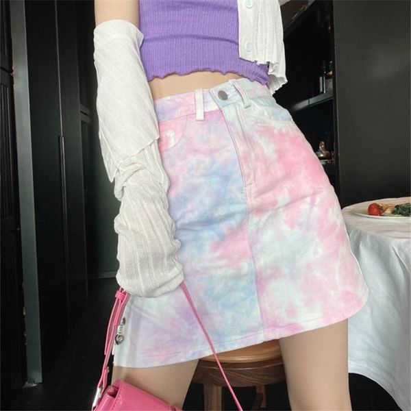

skirts autumn cowboy short skirt tall waist female ins package buttocks of tie-dye a-line irregular print colorful women mini, Black