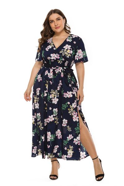 

plus size dresses floral dress for women 2021 summer slit bohemian bandage long skirt maxi v-neck short-sleeve printed party, Black