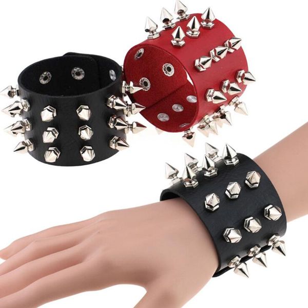 

unique 3 rows spikes rivet stud wide cuff leather punk gothic rock bangle harness bracelets for women men jewelry new, Black