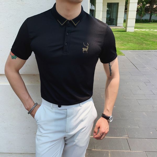 

2021 punctured stag casual buck thin british polo trend lapel shirt will summer short sleeve solid color dress business streetwear w1xb, White;black