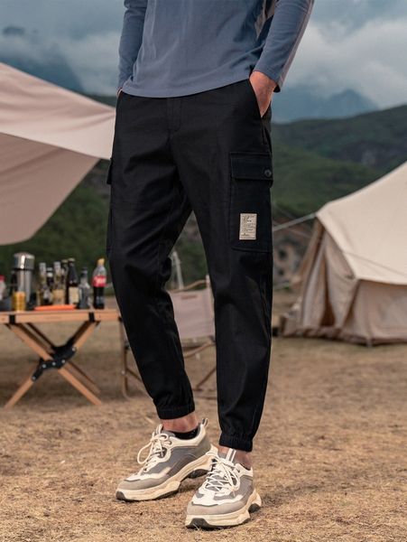 

men patched pocket detail cargo pants 35fz#, Black