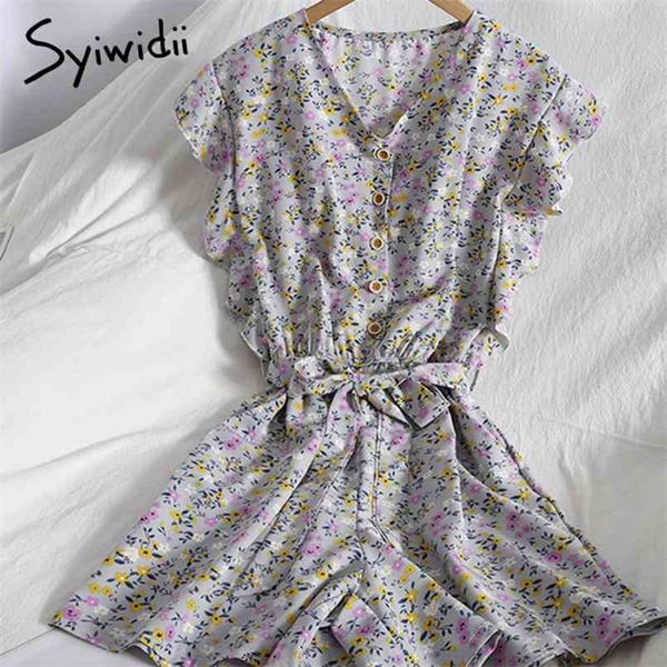 

yitimoky fashion floral print rompers women high waist sleeveless ruffles spliced breasted v-neck lace up playsuits summer 210607, Black;white