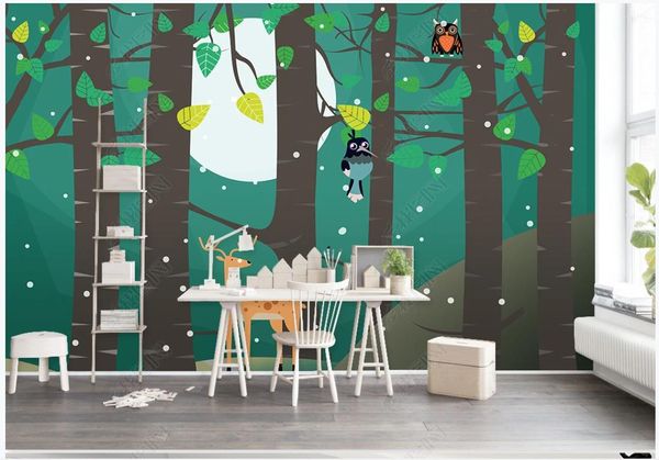 Пользовательские фото Обои для стен 3d Роспись обои Современный мультфильм Зеленые сказочные сказочные деревья лес птица мечта фон украшения стены картина
