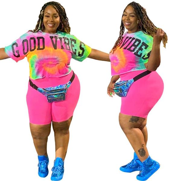 

plus size tracksuits large-size women's casual tie-dye letter print short-sleeved t-shirt short trouser sports suit 2 pcs graphic pant