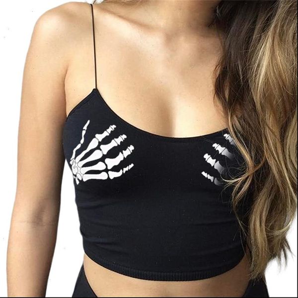 

harajuku chic women summer camis skeleton hand butterflies print tank cotton black crop leisure basic vest, White