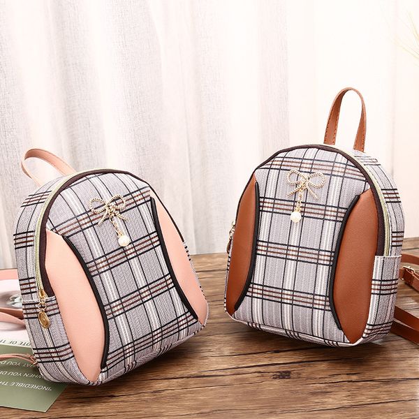 

bag 2021 new women's bow backpack contrast checked double shoulder oblique span small square bag