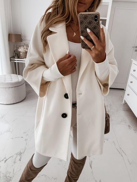 

women's wool & blends 2021 winter office jacket pocket solid color button ladies coat lapel mid-length cloth 3/4 sleeve, Black